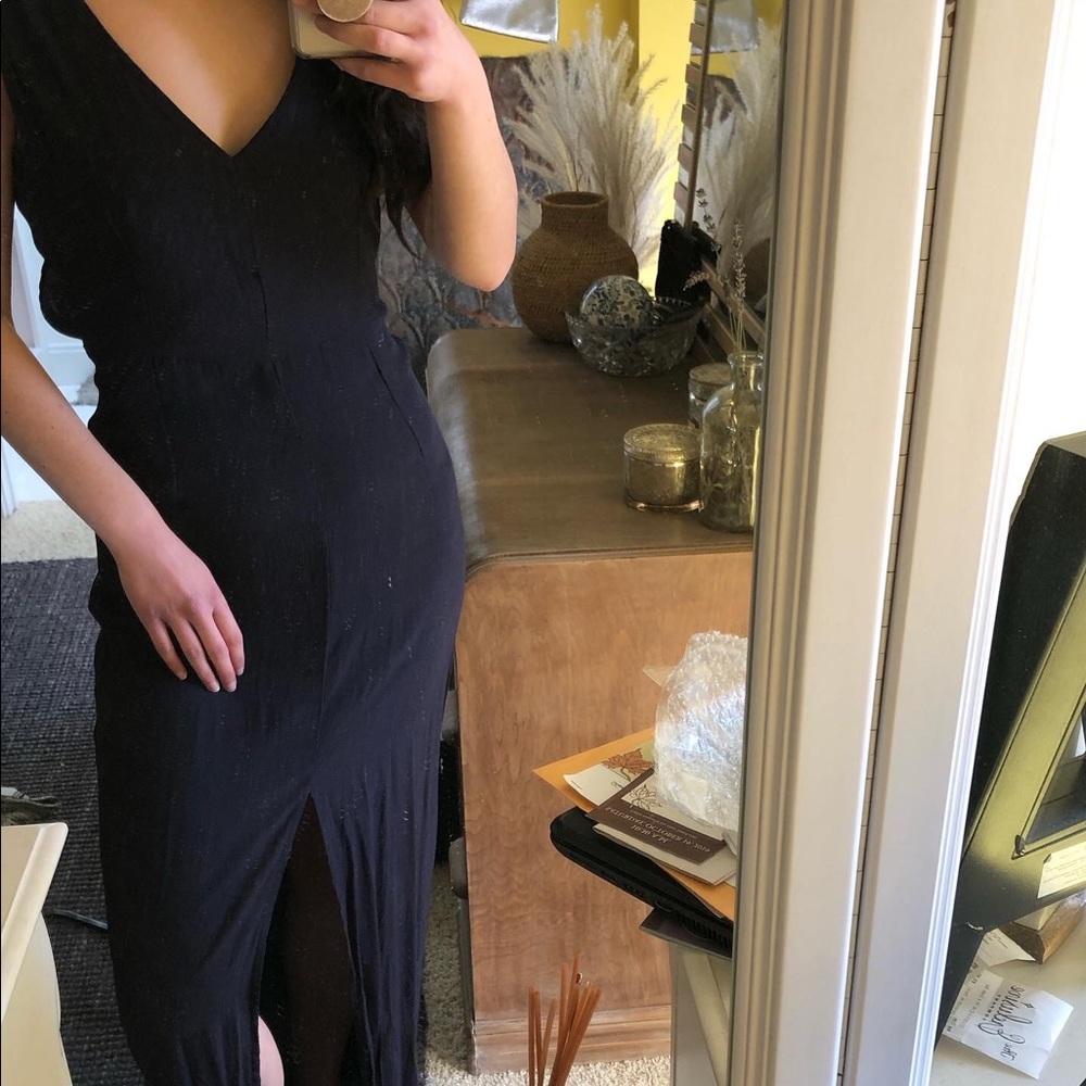 Semi-formal navy blue maxi dress with open back
